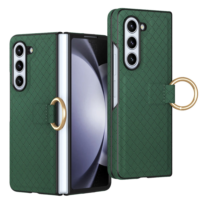 GKK Anti-Drop Phone Case for Samsung Galaxy Z Fold5 5G Grids Imprinted PU PC Phone Cover with Ring Finger Holder GKK Anti-Drop Phone Case for Samsung Galaxy Z Fold5 5G Grids Imprinted PU PC Phone Cover with Ring Finger Holder